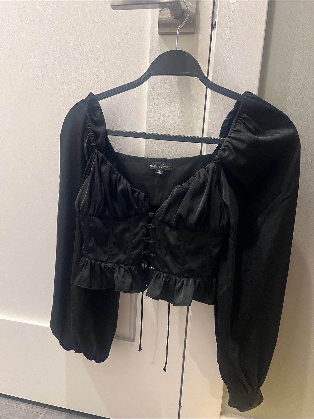 For Love & Lemons Black Satin Puff-Sleeve Corset Blouse
